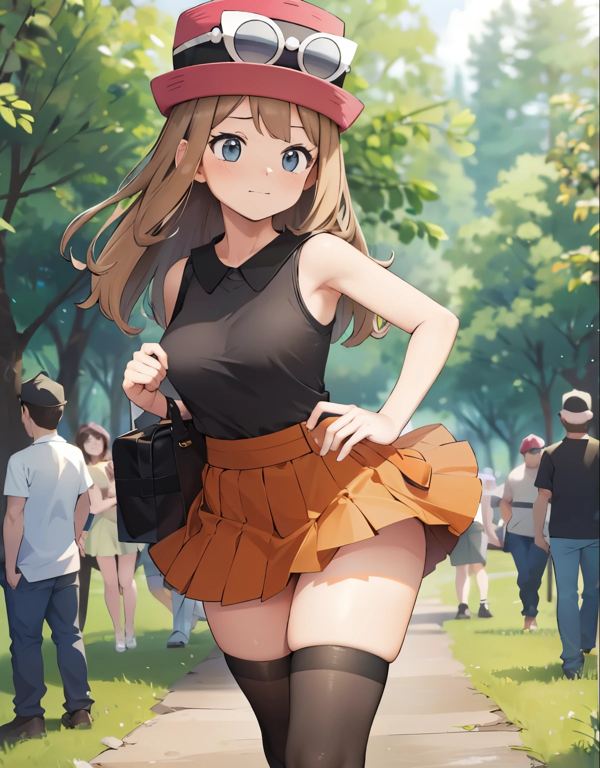 (best quality,4k,8k,highres,masterpiece:1.2), ultra-detailed, realistic:1.37, HDR, studio lighting, vivid colors, bokeh, baking, sketches, full body, eyewear on head, hat, skirt, sunglasses, shirt, black shirt, sleeveless, red skirt, pink hat, black thighhighs, white panties, detailed eyes, innocent gaze, nervous, fearful, embarrassed, nervous smile, visible thighs, thick thighs, thighs in the foreground, walking, forest, watched by a crowd of men, they observe her body, looking_at_viewer, she tries to hide her thighs with her hands