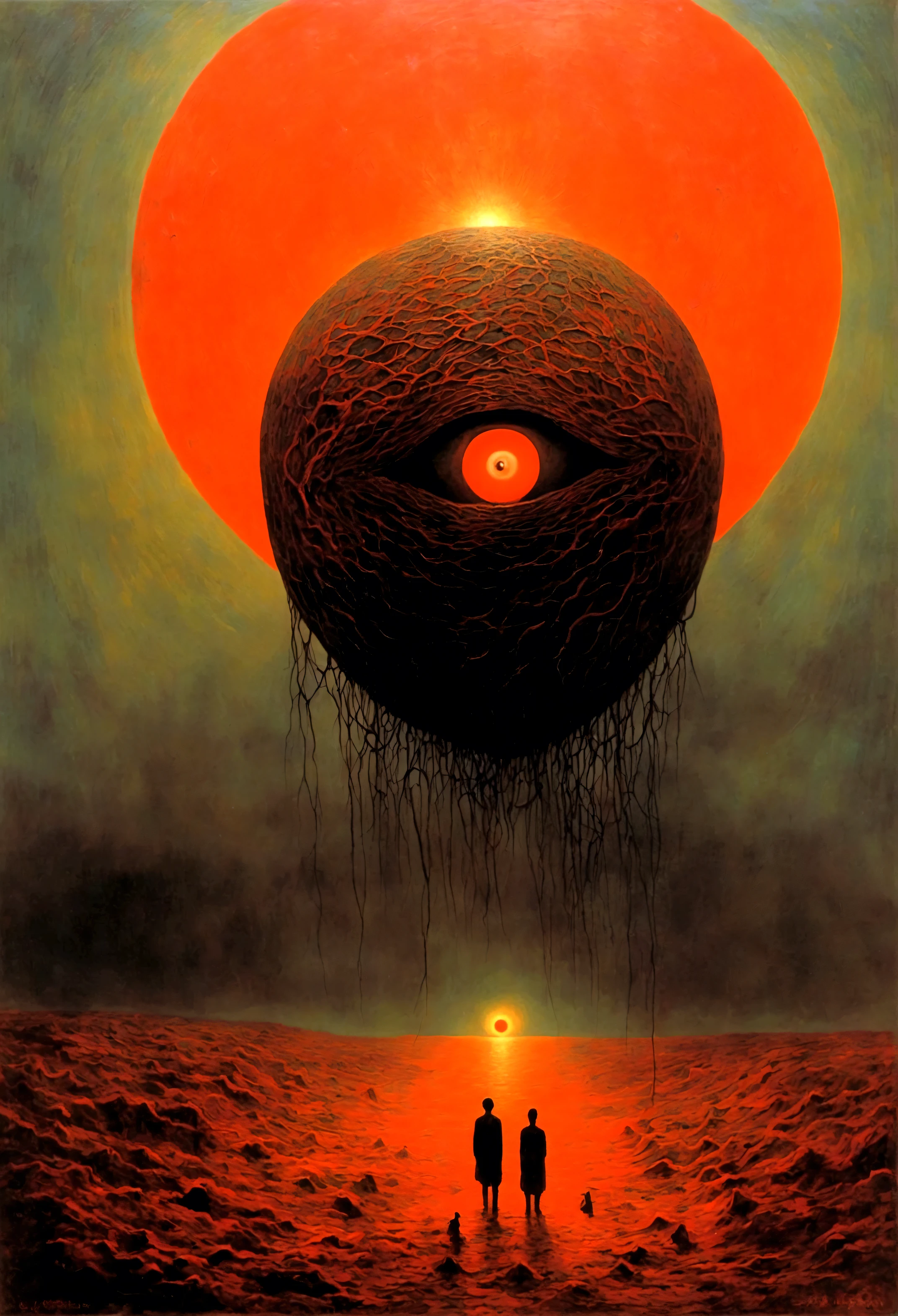 Mythical creatures, author：Zdzislaw Beksiński and Vincent van Gogh, Red moon and big eyeucha