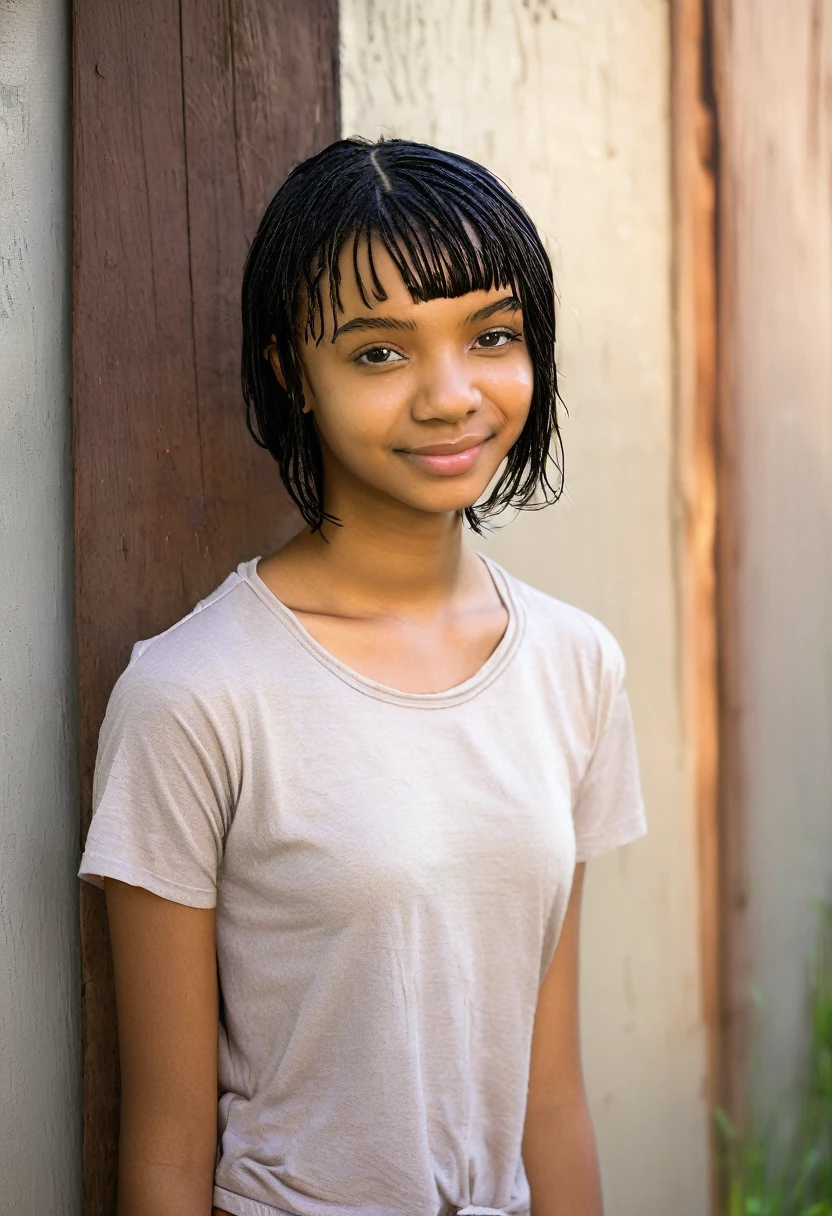 14 year old girl with short black hair and light brown skin wearing a wet t-shirt
