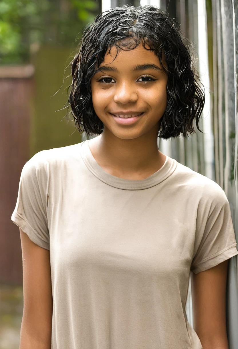 14 year old girl with short black hair and light brown skin wearing a wet t-shirt
