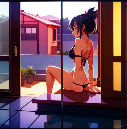 a woman posing in a lewd bikini in front of the sliding glass door of her house with it's own feet propped on the glass