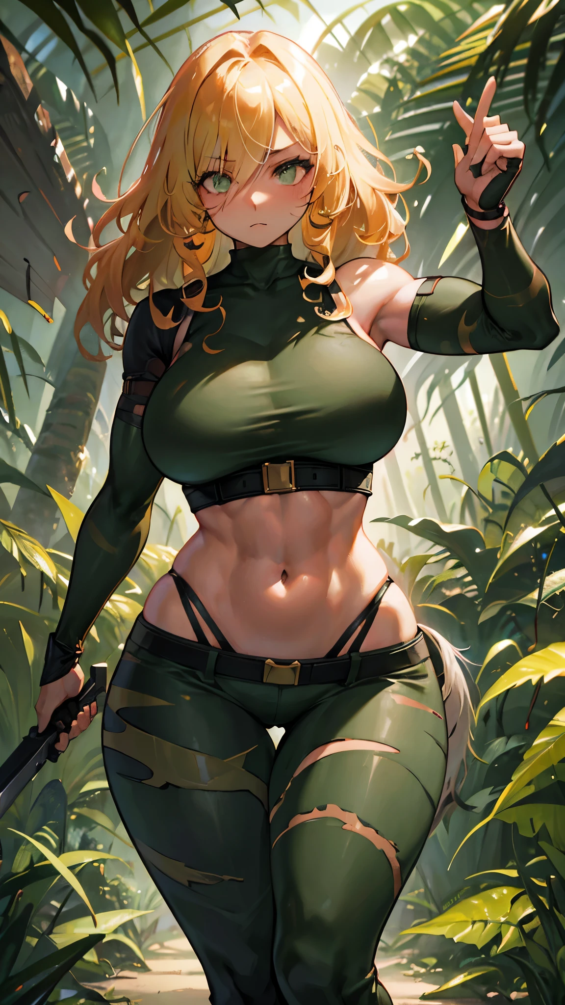 curvy woman, aggressive pose, bullet belt crossing her torso, holding two machetes, camouflage pants, blonde hair, broken muscles, dark skin, curly hair, pronounced hips, thick thighs, flat abdomen, Amazon jungle background, high definition , rtx lighting, full body focus, bandit expression.