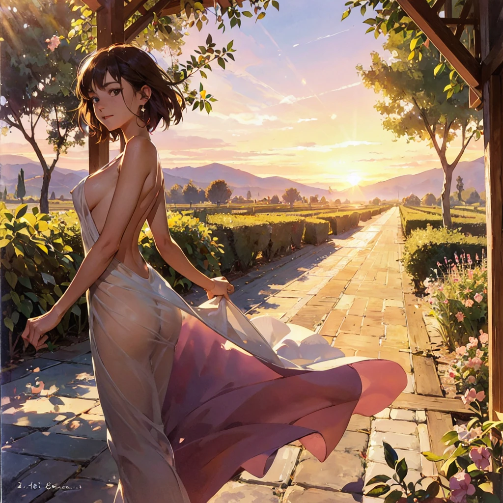 Exquisite, slender, delicate girl  with a perfect gentle face of the southern type (with short burgundy hair) with freckles with a ruby earring in the rays of the rising sun, naked with tender breasts with (pink nipples) (barefoot) (in pink colors) (on the veranda in the garden) Drinks (coffee) and looks at the flowers, in watercolor style, discreet light shades, Flares, imitation of film photography, against the sun, (strong wind), nudity, a lot of sun glare, light fills the frame, olive and grape groves, Brick Road, high image quality, Maximum detail, sunset lighting, Warm evening shades, (warm golden and olive sunset light), big space eyes, olive and grape groves, Brick Road