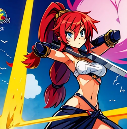 an animated character is in the background of a video game screener and an image of a girl in an with a sword on her shoulder and her breasts spread out