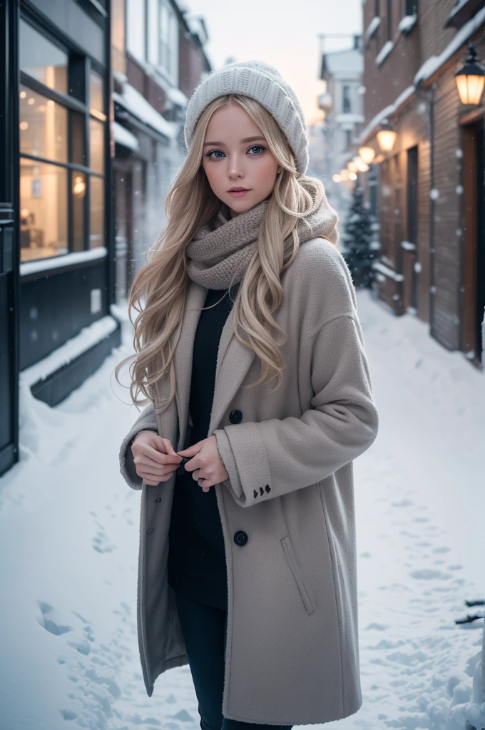 professional photography of a beautiful norwegian girl in winter clothes with long wavy blonde hair, sensual and seductive look, beautiful symmetrical face, beautiful natural makeup, wearing chic warm winter fashion clothing, ((standing outside on the snowy city street)), impressive modern urban environment, ultra realistic, conceptual artwork, chic, highy detailed, intricate, sharp focus, Depth of field, f/1. 8, 85 mm, medium shot, mid shot, (((professional color grading))), soft and bright diffused light, (Volumetric fog), Trends on Instagram, HD 4k, 8K