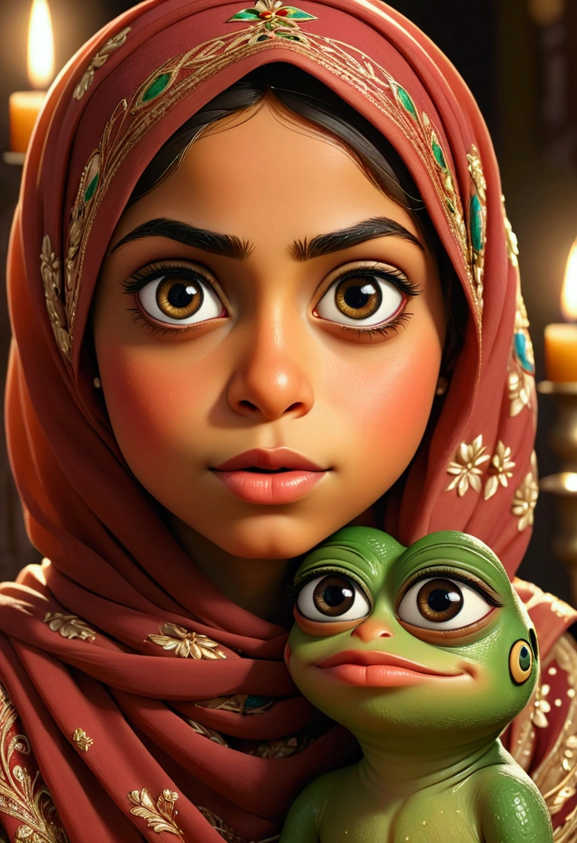 pepe the frog, (a heartwarming and diverse) Muslim family, 1boy, 1girl, hijab, detailed faces, beautiful detailed eyes, beautiful detailed lips, extremely detailed eyes and face, long eyelashes, traditional middle eastern clothing, colorful, vibrant, warm lighting, photorealistic, 8k, highly detailed, masterpiece, award winning photograph