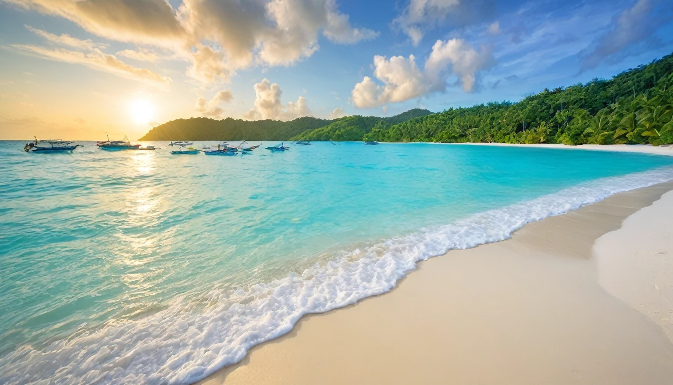 There is no one on the beach near the water、 White sand beach, Caribbean、 Beautiful beaches, Sandy Beach, White beach, Beautiful beaches, Beautiful tropical island beaches, at a Tropical Beach, Tropical Beach, Discarded sand, Stand on the beach in Boracay, sand and sea
