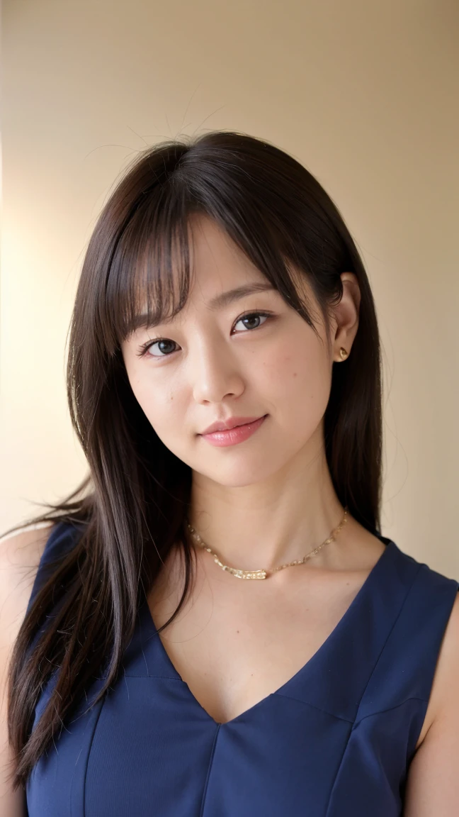((Highest quality、8K、masterpiece:1.3))、Realistic, Sharp focus, High resolution, High resolution,Portraiture, One person、Japanese、woman, beautiful woman, (((V-neck sleeveless、Royal Blue Dress、Gold Edge)))、30 years old, Charming person, Medium Long Hair,smile