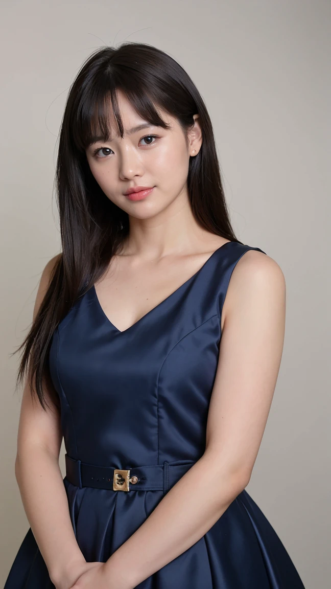 ((Highest quality、8K、masterpiece:1.3))、Realistic, Sharp focus, High resolution, High resolution,Portraiture, One person、Japanese、woman, beautiful woman, (((V-neck sleeveless、Royal Blue Dress、Gold Edge)))、30 years old, Charming person, Medium Long Hair,smile