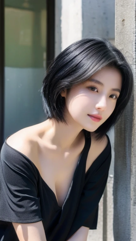 Highest quality、Japanese women、The most beautiful woman in the world、sexy、Blue-black hair color、Short Hair Style、Small face、Beautiful skin、Large breasts、Realistic、Black tank top