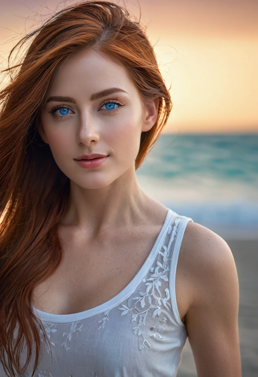 （RAW，mock，Nikon Z 14mm Ultra Wide Angle Lens，Award-winning glamor photos，perfect shape，（（Best Quality）），（（Masterpieces）），（（natural）），skin pores，Subsurface Dispersion，Radiate light，high resolution，detailed facial features，High details，sharp focus，seeds，beautiful，extremely detailed，（Ojos Very detaileds color azules, long red hair, iris Very detailed），extremely detailed hair，extremely detailed skin，extremely detailed clothes，Representation of the octane number，natural，natural，Post processing，maximum detail，Natural details of the hands，perfect shape， realistic shadows， roughness， natural skin texture， real life， A hyperrealist， realism， Photography， 8k hd， Photography， HDR， Complex，The figure is naturally perfect.，elegant， Very detailed， sharp focus， amazing， beautiful， florida）， （Masterpieces：1.2， Best Quality1：1， ultra detail：1.2， best shadow， 8k：1.1）， （Big cities：1.3， Ceiling：1.1， The urban structure below， arm）， （Contrast the background， bright background）， （beautiful detail face）， High contrast， （perfect lighting：1.2， beautiful colors，delicate colors），（（cinematic light）），showy，ultra detail，dramatic light，intricate details，（1 girl girl，Alone，with brown hair，smiling，short hair，Straight hair：1.1，Blue eyes，dynamic angles，white sleeveless t-shirt，Cowboys，cowboy shots，Los arms están naturalmente hacia abajo.），on the beach