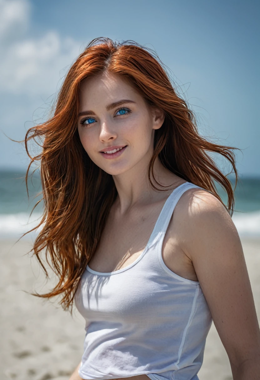 (RAW,mock,Nikon Z 14mm Ultra Wide Angle Lens,Award-winning glamor photos,perfect shape,((Best Quality)),((Masterpieces)),((natural)),skin pores,Subsurface Dispersion,Radiate light,high resolution,detailed facial features,High details,sharp focus,seeds,beautiful,extremely detailed,(Ojos Very detaileds color azules, long red hair, iris Very detailed),extremely detailed hair,extremely detailed skin,extremely detailed clothes,Representation of the octane number,natural,natural,Post processing,maximum detail,Natural details of the hands,perfect shape, realistic shadows, roughness, natural skin texture, real life, A hyperrealist, realism, Photography, 8k hd, Photography, HDR, Complex,The figure is naturally perfect.,elegant, Very detailed, sharp focus, amazing, beautiful, florida), (Masterpieces:1.2, Best Quality1:1, ultra detail:1.2, best shadow, 8k:1.1), (Big cities:1.3, Ceiling:1.1, The urban structure below, arm), (Contrast the background, bright background), (beautiful detail face), High contrast, (perfect lighting:1.2, beautiful colors,delicate colors),((cinematic light)),showy,ultra detail,dramatic light,intricate details,(1 girl girl,Alone,with brown hair,smiling,short hair,Straight hair:1.1,Blue eyes,dynamic angles,white sleeveless t-shirt,Cowboys,cowboy shots,Los arms están naturalmente hacia abajo.),on the beach
