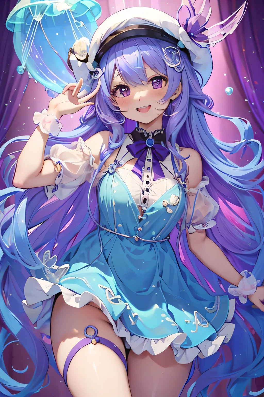 ((like vtuber)) ((high quality)) ((HD)) cute jellyfish girl with long and purplish blue hair smile like idol and cuteeee.