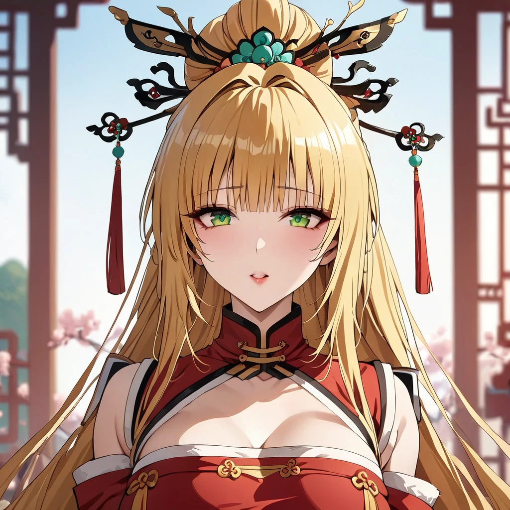 ((Highest quality)), ((masterpiece)), (detailed), （Perfect Face）、The woman is a Tieryu with green eyes, medium-long blonde hair, and is wearing a gorgeous ancient Chinese court costume embroidered with gold and red, with a gorgeous hair ornament.、The woman is an ancient Chinese empress, sitting on a magnificent throne