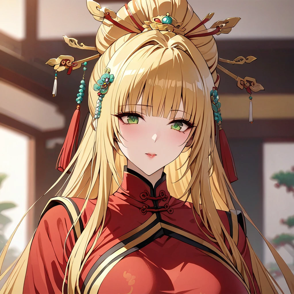 ((Highest quality)), ((masterpiece)), (detailed), （Perfect Face）、The woman is a Tieryu with green eyes, medium-long blonde hair, wearing a red ancient Chinese court costume and a gorgeous hair ornament.、The woman was an empress of ancient China.