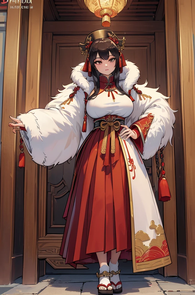 (masterpiece, best quality, high resolution, ((full body, standing,))((huge breasts)) ,1 woman,(fur collar coat), (ancient Chinese clothing, long pleated skirt, layers, chiffon, chains gold, red Hanfu, Phnom Penh embroidery), gameicon, ((full body standing))