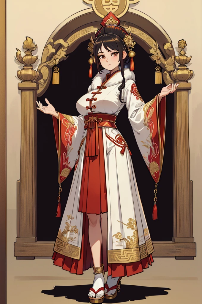 (masterpiece, best quality, high resolution, ((full body, standing,))((huge breasts)) ,1 woman,(fur collar coat), (ancient Chinese clothing, long pleated skirt, layers, chiffon, chains gold, red Hanfu, Phnom Penh embroidery), gameicon, ((full body standing))
