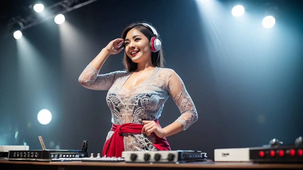 (ultra - detailed, 16K resolution, Cinema lenses, rendering by octane), (high resolution:1.18), intricate detail, (masterpiece:1.1), (highest quality:1.1), (1girl, portrait, white hair, blue eyes, short hair, detailed eyes),Wearing silver DJ headphones, 1 malaysian girls 1 Indonesian girl, modern plain hot deep neck top and dupatta, shy, medium portrait, watery eyes, wearing blue dark green kebaya, ((big breasts)), black bokeh background, well-proportioned body,, chubby massive thighs, full body pose, Hena art on the body, hena art on arms, full body view , wearing red sneakers , Smile while DJing on stage, full body shot of, The spotlight shines on the female DJ. Photorealistic photography by Disco Lighting, (cute round face:1.3),big breast, bigtit,perfect fingers, five fingers, beautiful hands, perfect hands. master peace, cute smile.