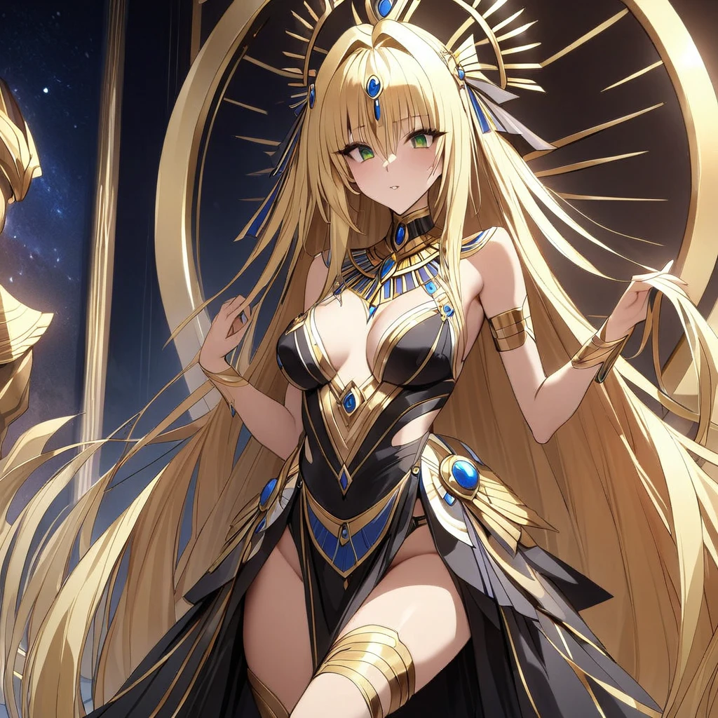 ((Highest quality)), ((masterpiece)), (detailed), (Perfect Face)、The woman is Queen Tiare of Egypt in the near future. She has green eyes, blonde medium-long hair, and dark skin. She is wearing the luxurious clothing of Egyptian royalty in the near future and reigns on the throne of Egypt in the near future.