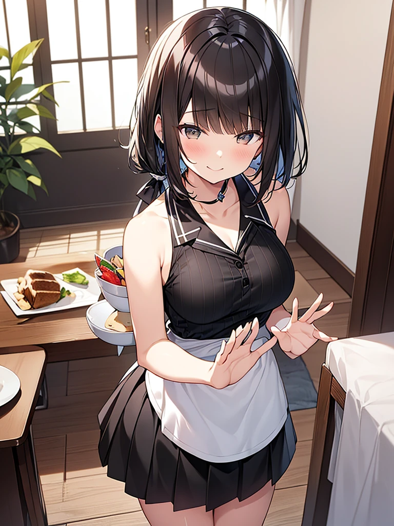 Anime drawing with clear colors. Full body drawing. Young wife is a former student council president. One adult woman. (White vertical striped sleeveless shirt with collar and black long skirt showing collarbone), (Morning Apartment Room Sexy)、 (Breakfast at the table, waving goodbye with a refreshing smile), (Short black hair, tied up, straight hair, bangs swept to the side:1.9 Slanted eyes Brown eyes Tall Big breasts Strong Beautiful Cute) 