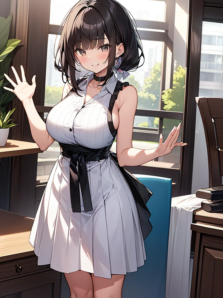 Anime drawing with clear colors. Full body drawing. Young wife is a former student council president. One adult woman. (White vertical striped sleeveless shirt with collar and black long skirt showing collarbone), (Morning Apartment Room Sexy)、 (Breakfast at the table, waving goodbye with a refreshing smile), (Short black hair, tied up, straight hair, bangs swept to the side:1.9 Slanted eyes Brown eyes Tall Big breasts Strong Beautiful Cute)