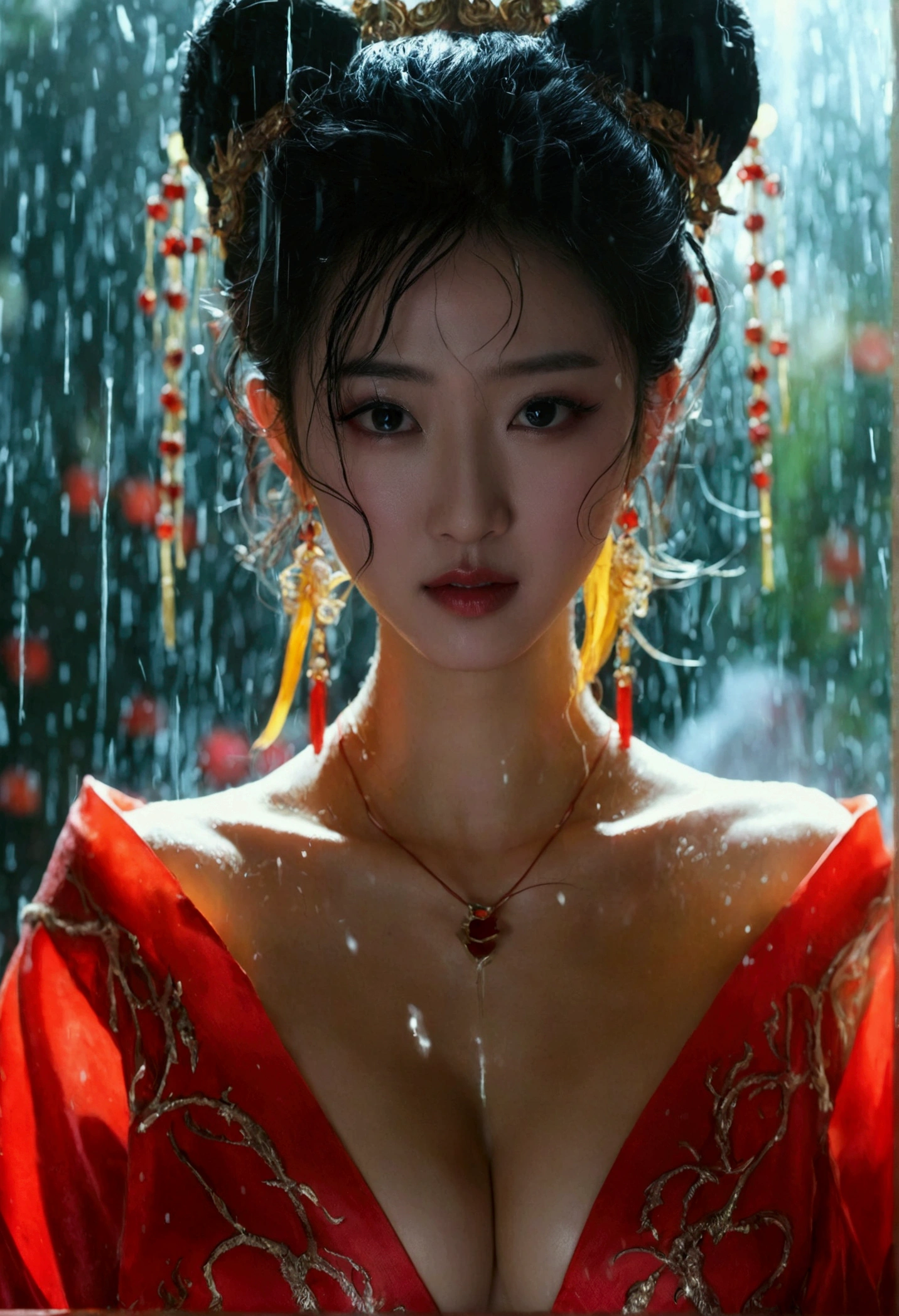 The expression of dissatisfaction and collapse，Sexy，【Pheromones】，《Chloroform》，《L cup》The  devil, Glamorous eye makeup。Wear cool and revealing clothes, Raise your left foot。The devil&#39;s cheeks are slightly red，Blind eyes，The female devil is Asian。The female devil is wearing a low-cut Hanfu。waist。The characters&#39; faces are as mature as possible.。background：rainstorm。The clothes are soaked and stick to the body。Add some fantasy effects。Magic light effects。Real-life shooting TV drama effects。The female devil image is based on actress Zhao Liying，Ultra-high resolution。Production quality reference Xuanji Technology