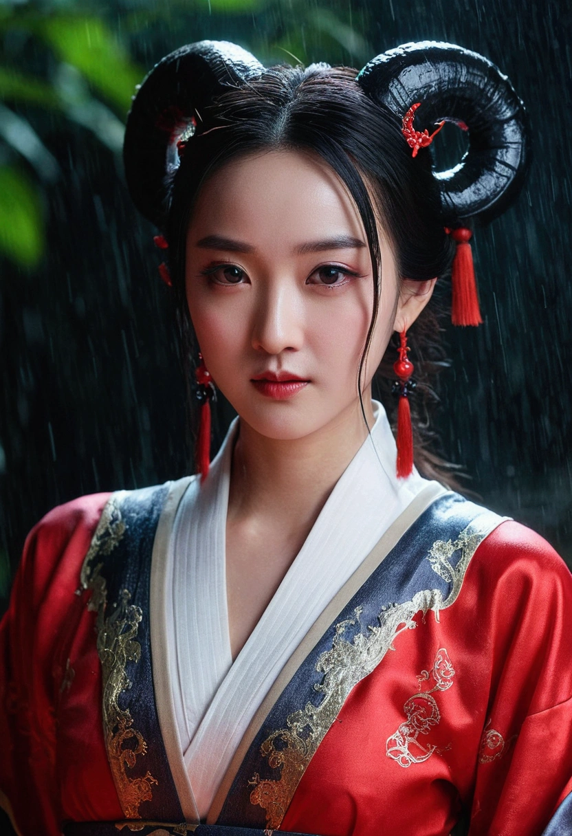The expression of dissatisfaction and collapse,Sexy,【Pheromones】,《Chloroform》,《L cup》The devil, Glamorous eye makeup。Wear cool and revealing clothes, Raise your left foot。The devil's cheeks are slightly red,Blind eyes,The female devil is Asian。The female devil is wearing a low-cut Hanfu。waist。The characters' faces are as mature as possible.。background:rainstorm。The clothes are soaked and stick to the body。Add some fantasy effects。Magic light effects。Real-life shooting TV drama effects。The female devil image is based on actress Zhao Liying,Ultra-high resolution。Production quality reference Xuanji Technology