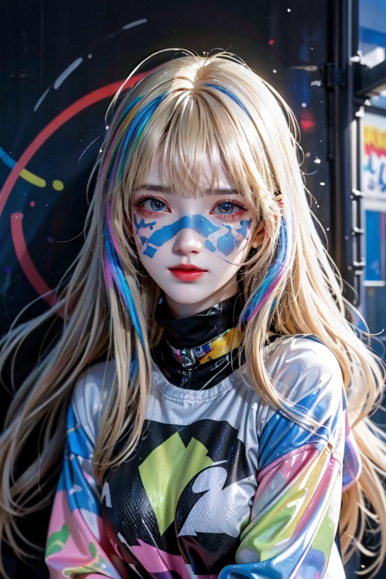 (best quality), masterpiece, Extremely detailed CG8K painting, High Color, Extremely High Color saturation, All colors are deepened, , Graffiti Art, Central Composition, Extremely detailed lighting, Graffiti Wall, Walls painted bright colors, 1 girl graffiti 1 girl looking at the wall, Very detailed face and eyes, Medium Length Hair, Sportswear, Colorful Clouds