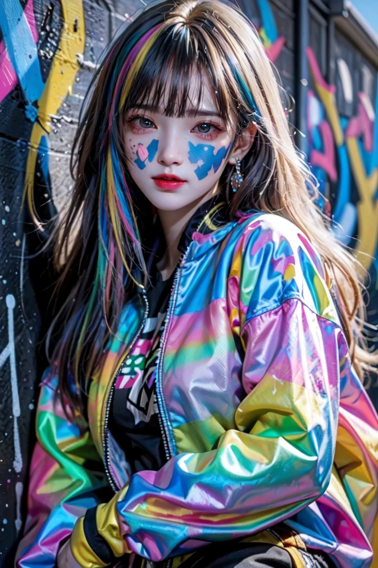 (best quality), masterpiece, Extremely detailed CG8K painting, High Color, Extremely High Color saturation, All colors are deepened, , Graffiti Art, Central Composition, Extremely detailed lighting, Graffiti Wall, Walls painted bright colors, 1 girl graffiti 1 girl looking at the wall, Very detailed face and eyes, Medium Length Hair, Sportswear, Colorful Clouds