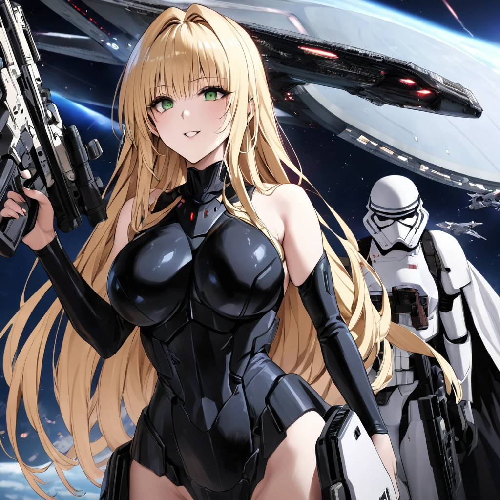 ((Highest quality)), ((masterpiece)), (detailed), （Perfect Face）、The woman is Tiare, a beautiful Stormtrooper with green eyes and medium-long blonde hair, carrying an assault rifle-type blaster.、Serving Emperor Palpatine aboard an Imperial starship