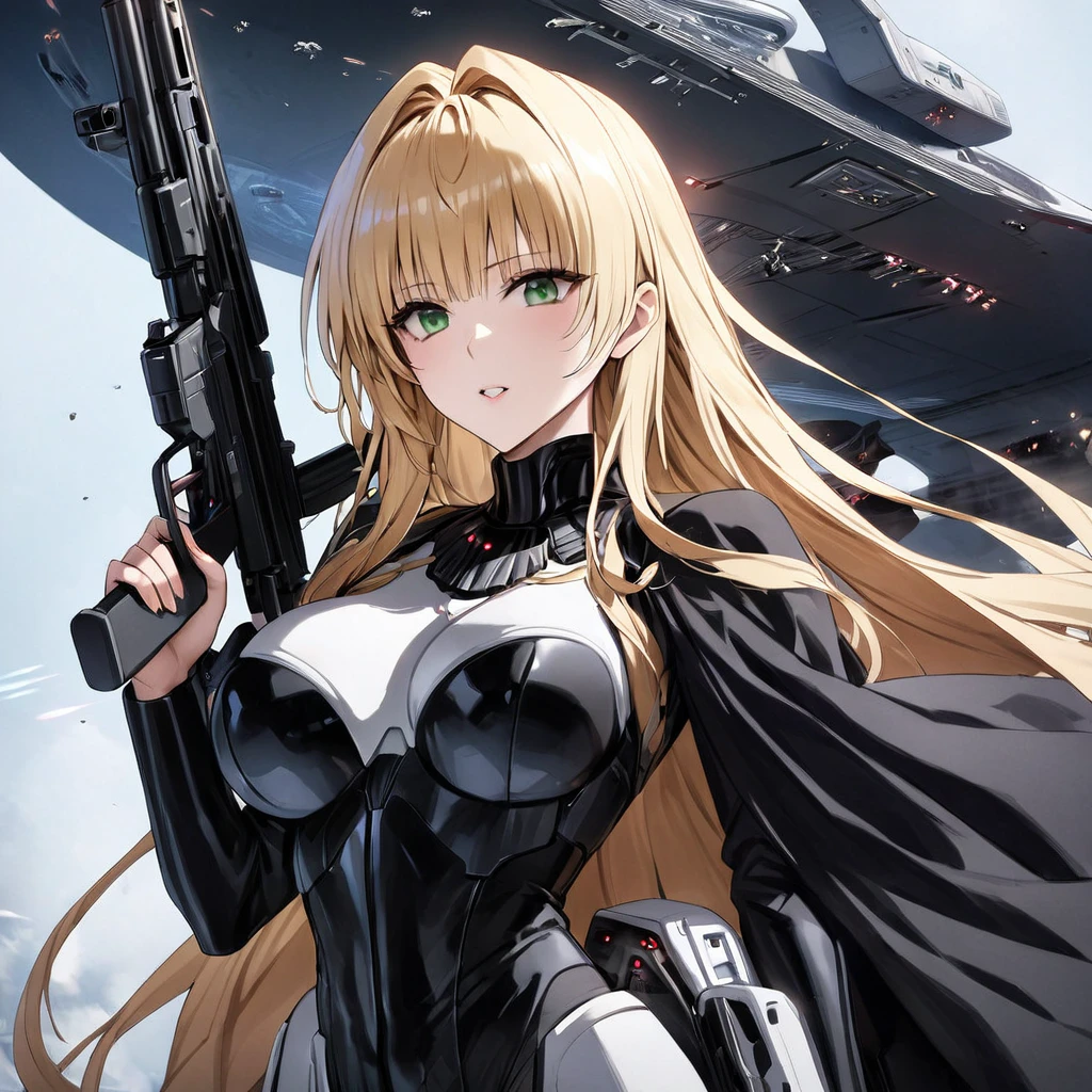 ((Highest quality)), ((masterpiece)), (detailed), (Perfect Face)、The woman is Tiare, a beautiful Stormtrooper with green eyes and medium-long blonde hair, carrying an assault rifle-type blaster.、Serving Emperor Palpatine aboard an Imperial starship