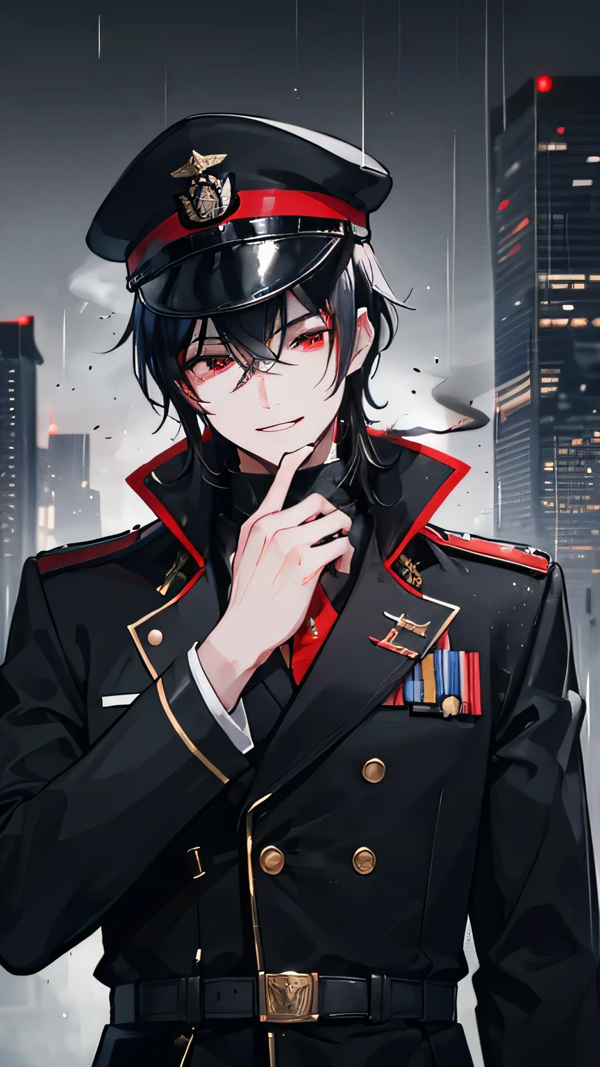 A young man in a black military uniform, handsome, 28 years old, black hair, red eyes, smiling, half of his face hidden by a hat, smoking a cigarette, dark lighting, like a movie scene, with a blurred effect, in the rain, skyscrapers, getting wet, best quality, 8k, ultra-detailed, masterpiece