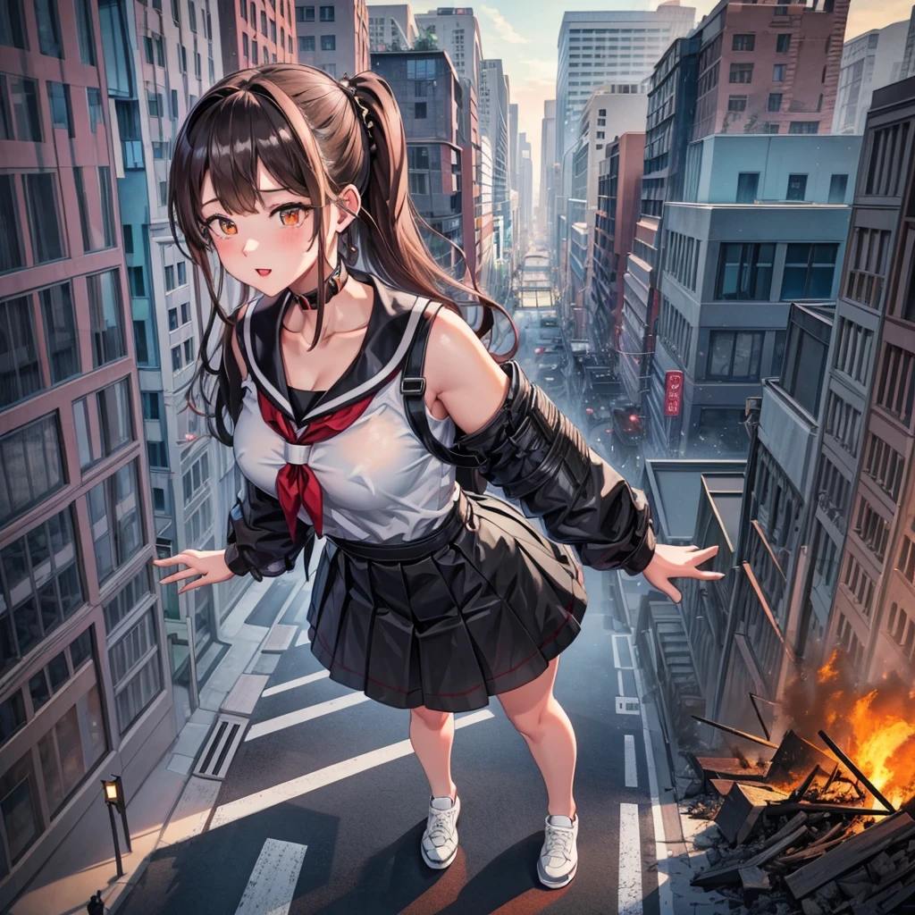 
((Destroyed city)) ((Burning)) ((Fire)) ((Explosion)) ((Black smoke)) ((Pile of rubble))
Masterpiece Unreal Engine Anime style Delicate drawing 4k 90's Giant Multiple girls Crowd School building City Giant high school girl standing in the valley of the school building  Sailor suit Skirt Black hair Smile Female giant giant girl Whole body Destroyed skyscrapers Destroyed cars Crowd Unreal Engine, cleavage, a drawing of a , earrings, long hair, 1980s (style) Cute drawing, beautiful woman, analog style, whole body, sneakers
