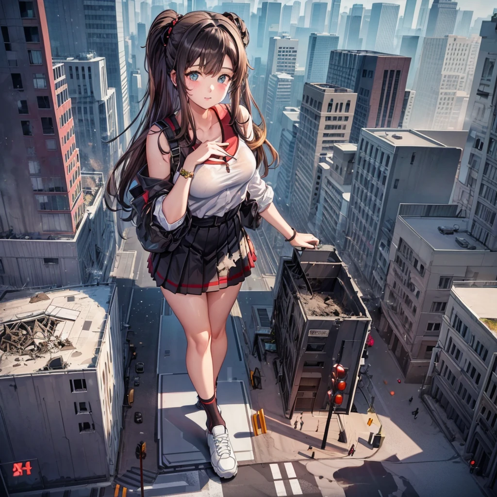 ((Destroyed city)) ((Burning)) ((Fire)) ((Explosion)) ((Black smoke)) ((Pile of rubble))
Masterpiece Unreal Engine Anime style Delicate drawing 4k 90's Giant Multiple girls Crowd School building City Giant high school girl standing in the valley of the school building Sailor suit Skirt Black hair Smile Female giant giant girl Whole body Destroyed skyscrapers Destroyed cars Crowd Unreal Engine, cleavage, a drawing of a , earrings, long hair, 1980s (style) Cute drawing, beautiful woman, analog style, whole body, sneakers