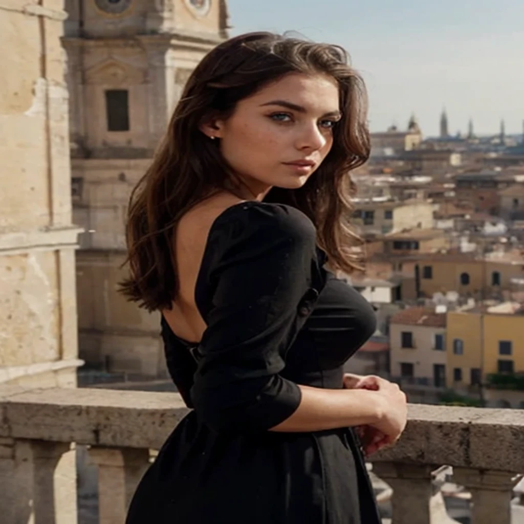 a 22yo woman with a black elegant dress, serious expression and a striking appearance. My brown hair falls over my shoulders in long waves, framing my face and highlighting my blue eyes. My full lips are slightly parted, as if I'm about to say something. My button nose is sprinkled with freckles that contrast with my fair skin. My eyebrows are thick and dark, giving me a bold look. My cheekbones are high and defined, and my eyelashes are long and curled. I'm wearing a black dress that hugs my upper body and shows off my curves. (((I am wearing elegant Italian clothes))), I am on a terrace looking out, looking at the Italian city of Rome from above, looking at the urban landscape, in the photo I am standing and you can see my whole body, I have a handbag with myself, play tennis