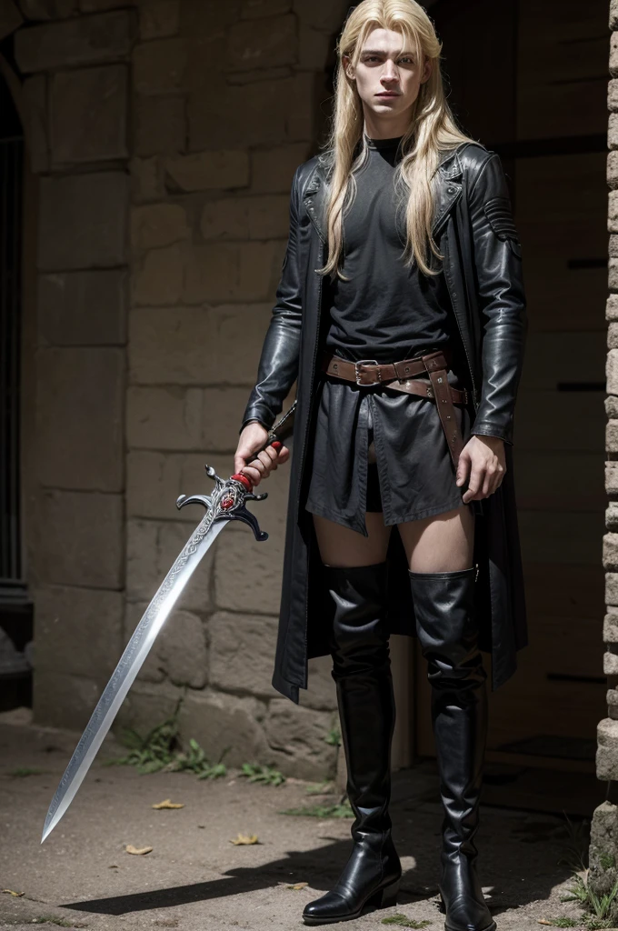 A handsome Galician boy with red eyes, long hair, full body view, with a black shirt, medieval clothes and leather boots, sword, blonde hair, yellow hair