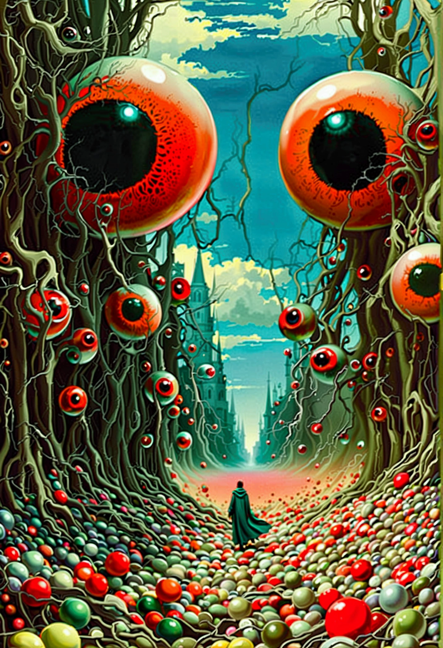 Mythical creatures, author:Zdzislaw Beksiński, Giant eyeballs,tons of corpses