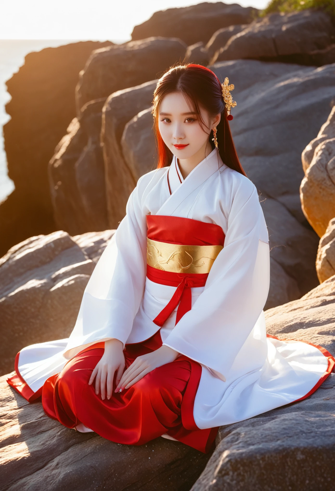 A beautiful Chinese girl in white and red traditional Hanfu, sitting on the rocks in the style of S Britain's royal beach, sunshine shining through her hair, light red and gold style, anime aesthetics, oshare kei, smilecore.

