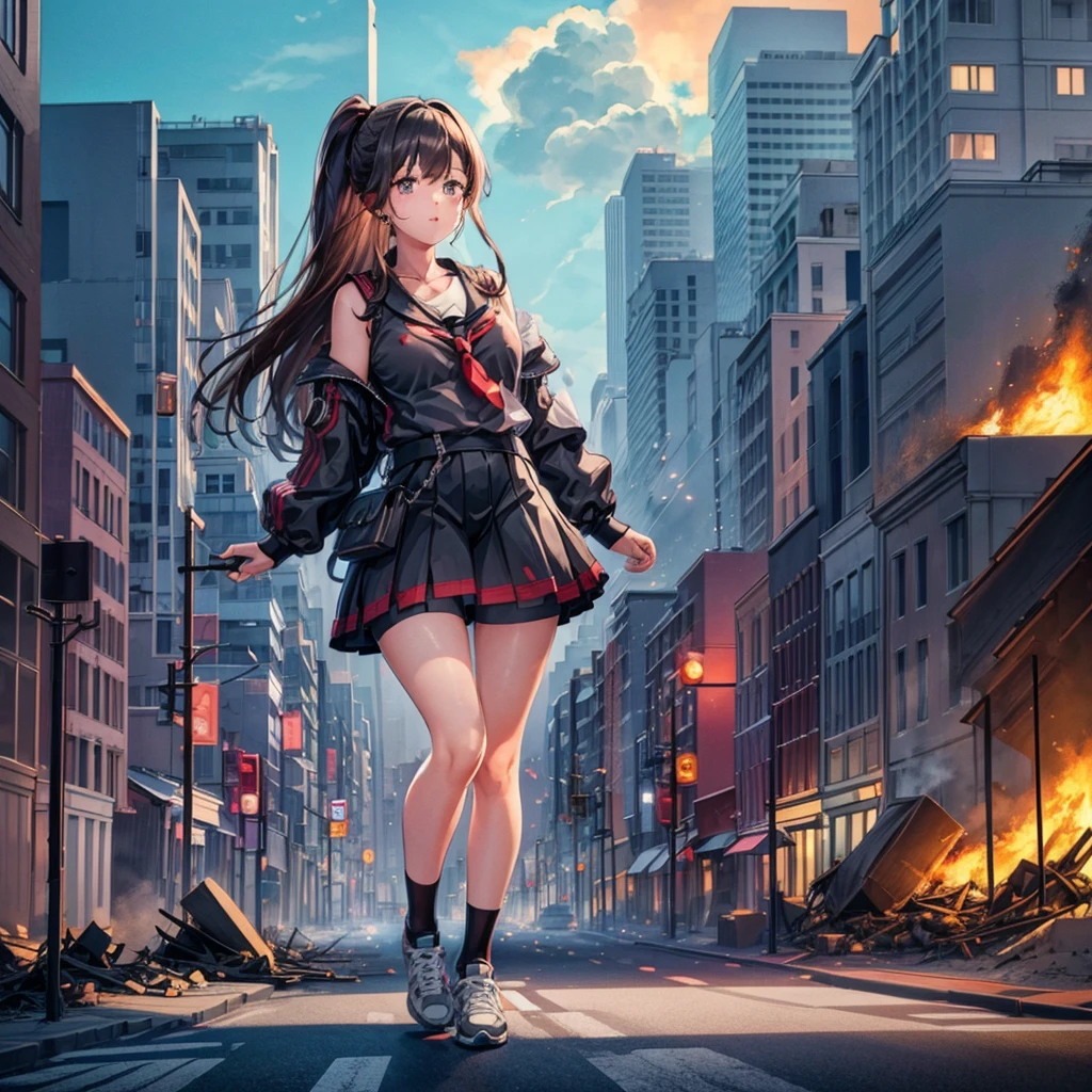 ((Destroyed city)) ((Burning)) ((Fire)) ((Explosion)) ((Black smoke)) ((Pile of rubble))
Masterpiece Unreal Engine Anime style Delicate drawing 4k 90's Giant Multiple girls Crowd School building City Giant high school girl standing in the valley of the school building Sailor suit Skirt Black hair Smile Female giant giant girl Whole body Destroyed skyscrapers Destroyed cars Crowd Unreal Engine, cleavage, a drawing of a , earrings, long hair, 1980s (style) Cute drawing, beautiful woman, analog style, whole body, sneakers