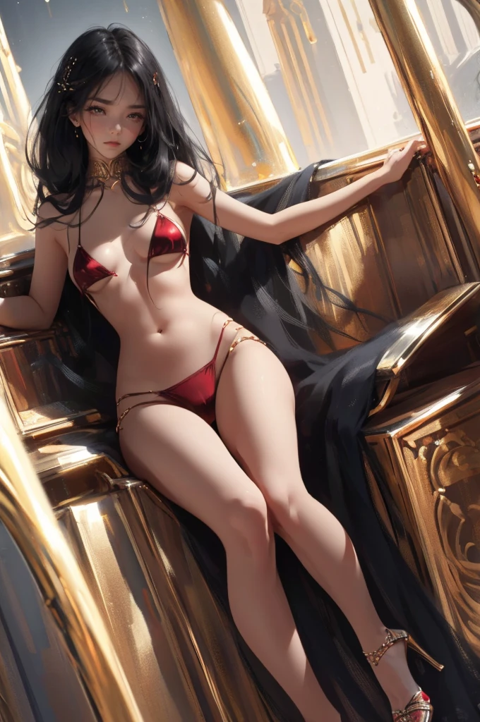 ((aeolian)), 1 girl, beautiful face, ((young)), Princess, long hair, black hair, red bikini, slim body, long legs, shiny skin, high heels