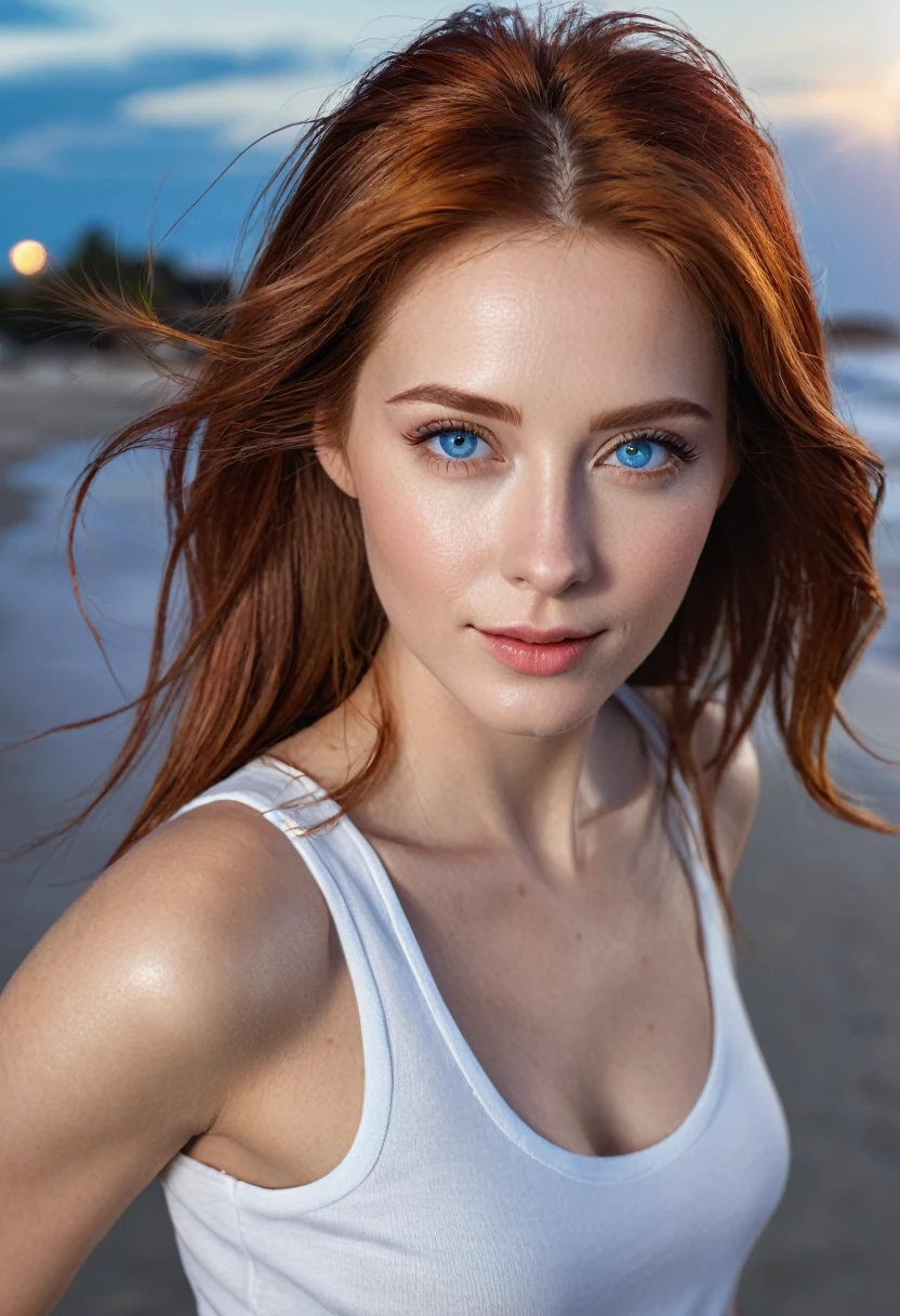 (RAW,mock,Nikon Z 14mm Ultra Wide Angle Lens,Award-winning glamor photos,perfect shape,((Best Quality)),((Masterpieces)),((natural)),skin pores,Subsurface Dispersion,Radiate light,high resolution,detailed facial features,High details,sharp focus,seeds,beautiful,extremely detailed,(Ojos Very detaileds color azules, long red hair, iris Very detailed),extremely detailed hair,extremely detailed skin,extremely detailed clothes,Representation of the octane number,natural,natural,Post processing,maximum detail,Natural details of the hands,perfect shape, realistic shadows, roughness, natural skin texture, real life, A hyperrealist, realism, Photography, 8k hd, Photography, HDR, Complex,The figure is naturally perfect.,elegant, Very detailed, sharp focus, amazing, beautiful, florida), (Masterpieces:1.2, Best Quality1:1, ultra detail:1.2, best shadow, 8k:1.1), (Big cities:1.3, Ceiling:1.1, The urban structure below, arm), (Contrast the background, bright background), (beautiful detail face), High contrast, (perfect lighting:1.2, beautiful colors,delicate colors),((cinematic light)),showy,ultra detail,dramatic light,intricate details,(1 girl girl,Alone,with brown hair,smiling,short hair,Straight hair:1.1,Blue eyes,dynamic angles,white sleeveless t-shirt,Cowboys,cowboy shots,Los arms están naturalmente hacia abajo.),on the beach full body