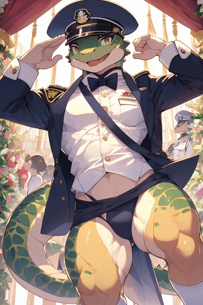Highest quality、Sexy Baby Lizardman、Skimpy、Shota、maleの子、male、Sweat、Embarrassing、Gay、Triumphal Parade、cute、Knee-high socks、frilled choker、Obscene language、Showing tongue、toplesagazine cover style illustration、bow tie、salute、military cap、Get a tip、Belly button style military uniform、navy、Minimal Panties