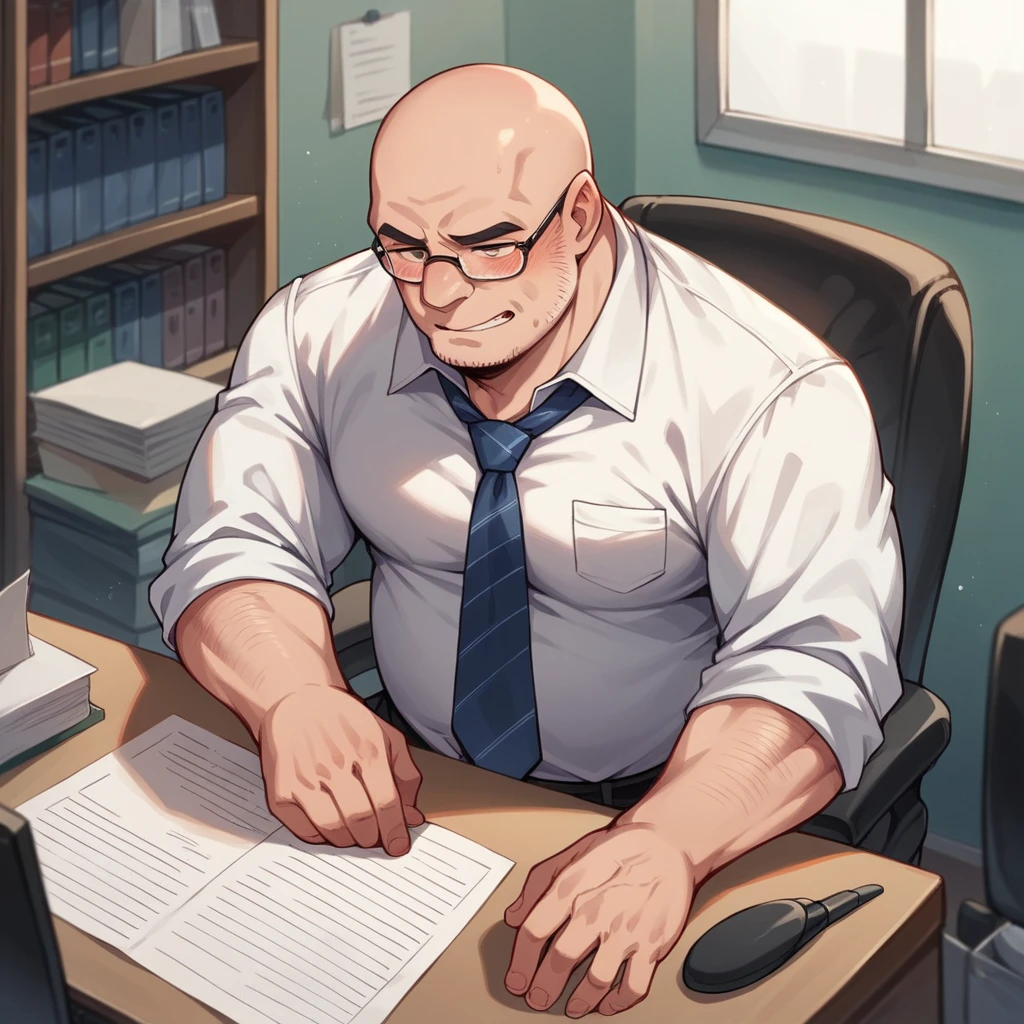A fat and old and bald man is sitting in the office, he is working, he is wearing a shirt and tie.