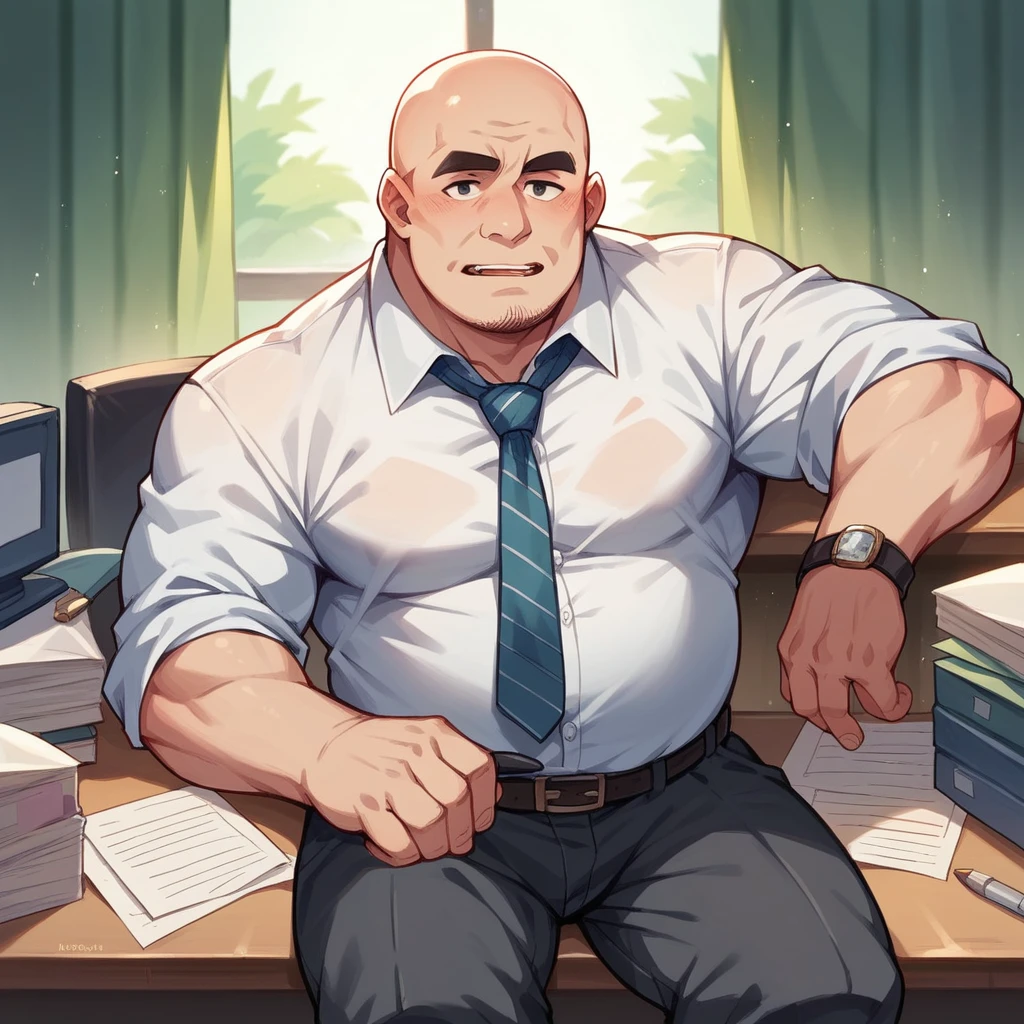 A fat and old and bald man is sitting in the office, he is working, he is wearing a shirt and tie.