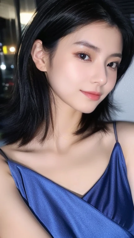 Highest quality、Japanese women、The most beautiful woman in the world、sexy、Blue-black hair color、Short Hair Style、Small face、Beautiful skin、night、Large breasts、Realistic、Reddish purple dress、