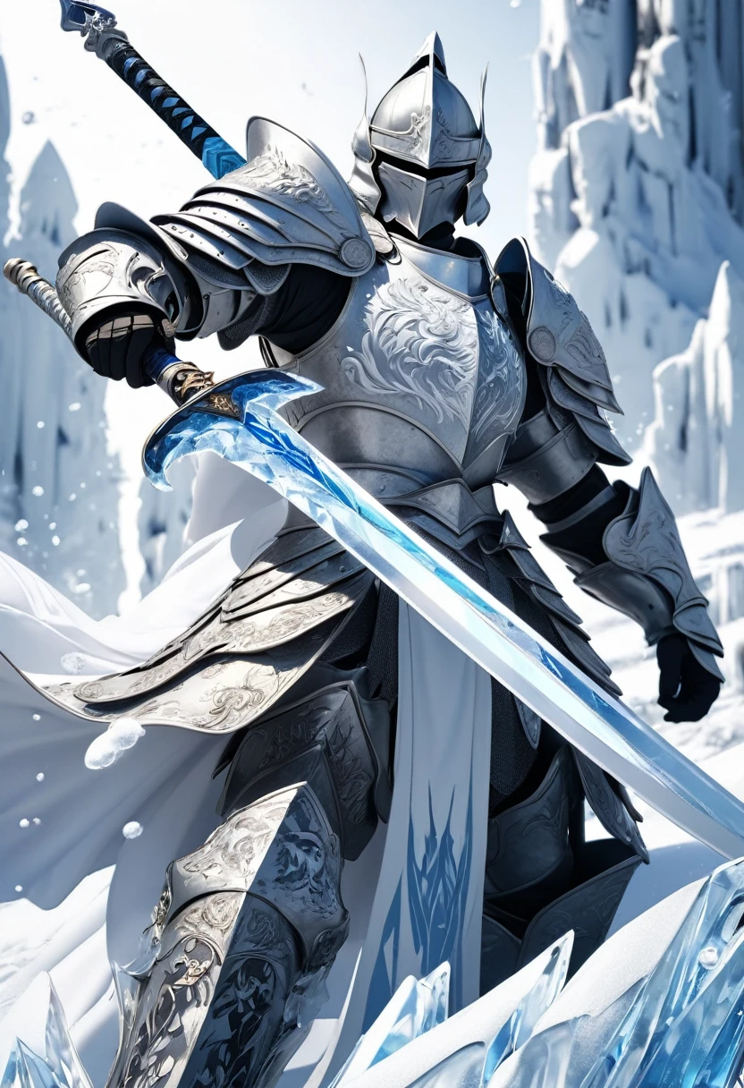 masterpiece, 8k, best quality, highly detailed, a warrior wearing wearing a knight's armor made of ice & white steel wielding curved sword made of ice & white steel 