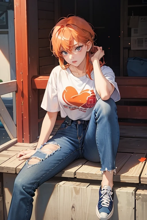 Ace is a fair-skinned with black eyes and carnation pink cheeks. SHe has short, spiked orange colored hair with messy bangs framing hER head and few spikes of hair that stick up. Across the bridge of hER nose (if it was visible) are light orange freckles.
SHe wears a denim outfit over a white T-shirt. At the neck and cuffs of hER pants is an indigo blue part with tiny indigo blue polka dots and clasps. Due to hER career, Ace can often be found with few dirty stains of grease along hER pants, so in hER left pocket She carries a scarlet red cloth with a black and white pattern of hearts and flowers. SHE also wears white socks and a pair of scarlet red sneakers. SPARKLE; GLITTER;