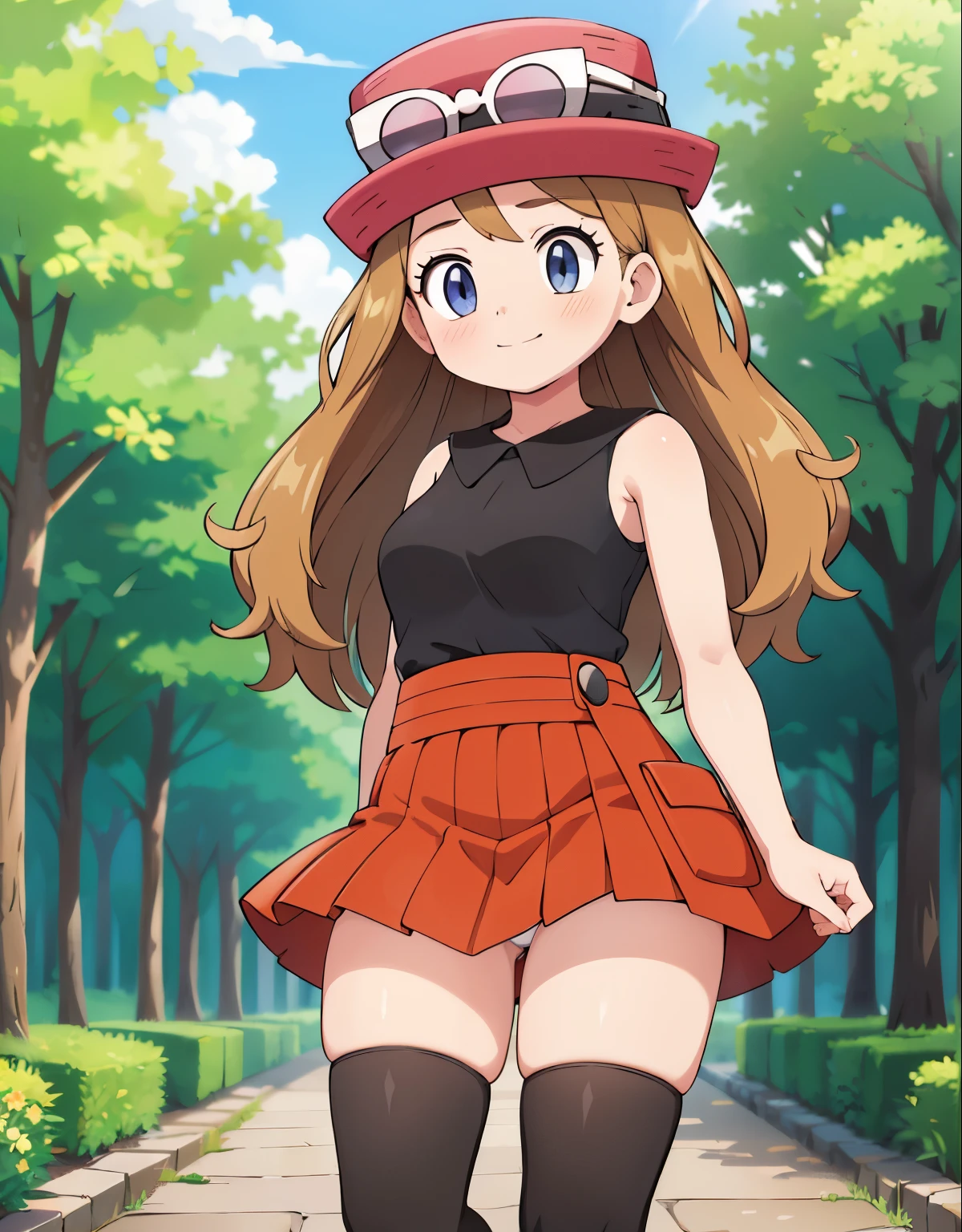 (best quality,4k,8k,highres,masterpiece:1.2), ultra-detailed, realistic:1.37, HDR, studio lighting, vivid colors, bokeh, baking, sketches, full body, eyewear on head, hat, skirt, sunglasses, shirt, black shirt, sleeveless, red skirt, pink hat, black thighhighs, white panties, detailed eyes, innocent gaze, nervous, fearful, embarrassed, nervous smile, visible thighs, thick thighs, thighs in the foreground, walking, forest, watched by a crowd of men, they observe her body, looking_at_viewer, she tries to hide her thighs with her hands