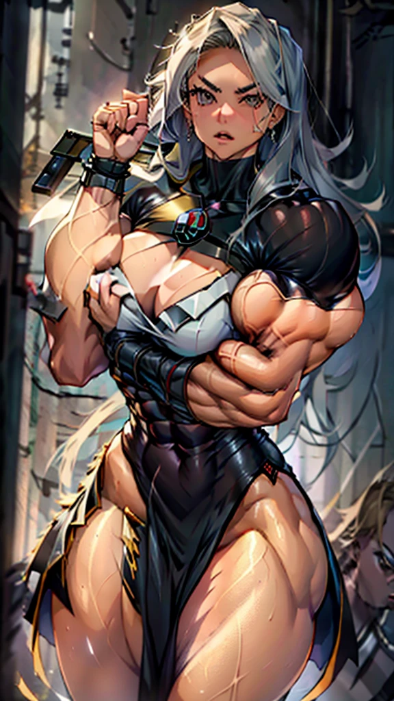 An opai woman,Barba,hair blonde, long hair,Muscle,anger, g-string, in a cage, slave, chained, good looking, Facial spots, Tighten your face, Eyes red, two hands, forehead tattoo, many chains, chained on neck, musclegirl , mulher extremamente musclegirl, Huge body, extremely muscular arms, huge woman, muito musclegirl,