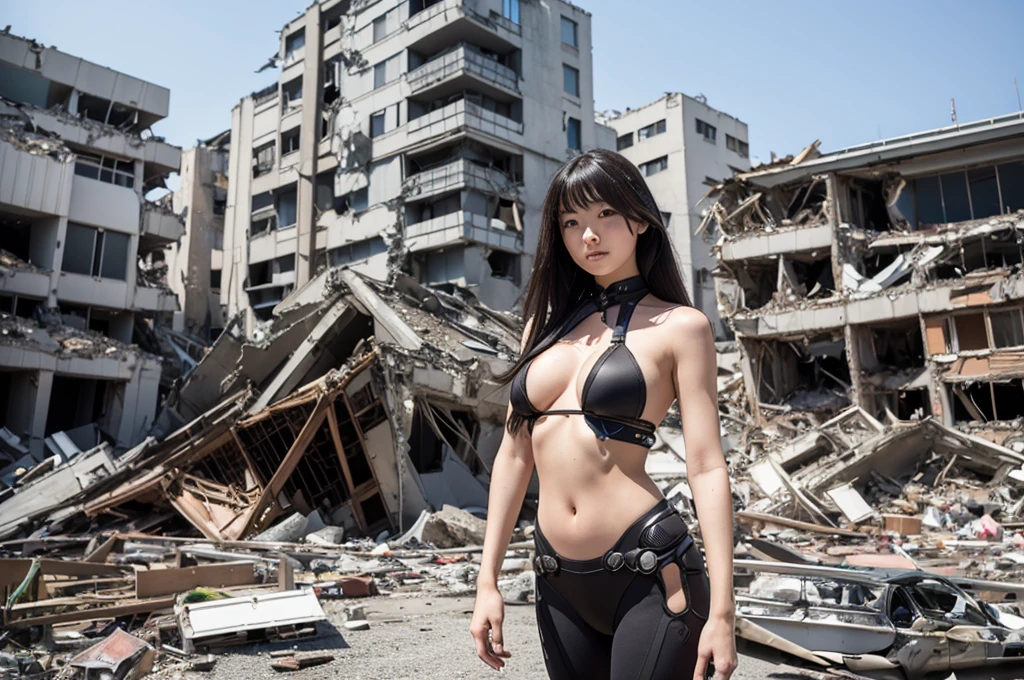 Highest quality,Very sophisticated and beautiful Japanese cyborg girl, A dynamic pose in front of the destroyed low-rise buildings in Kyoto city、 Bionic body with futuristic details. (Dynamic pose in front of a destroyed low-rise building in Kyoto's old town. highly sophisticated cyborg, Bionic body with futuristic details.)